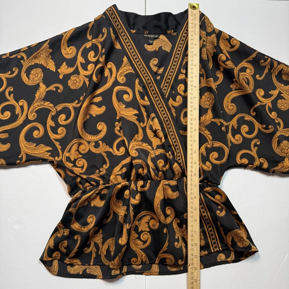 Guess Kimono Blouse Womens Medium Black Gold Baroque Floral Elastic Waist Top - Picture 4 of 5